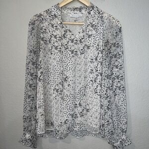 ANTHROPOLOGIE LT GRAY Maison d'Amelie long Slv Lined  Black/Gold Pattern Top XS